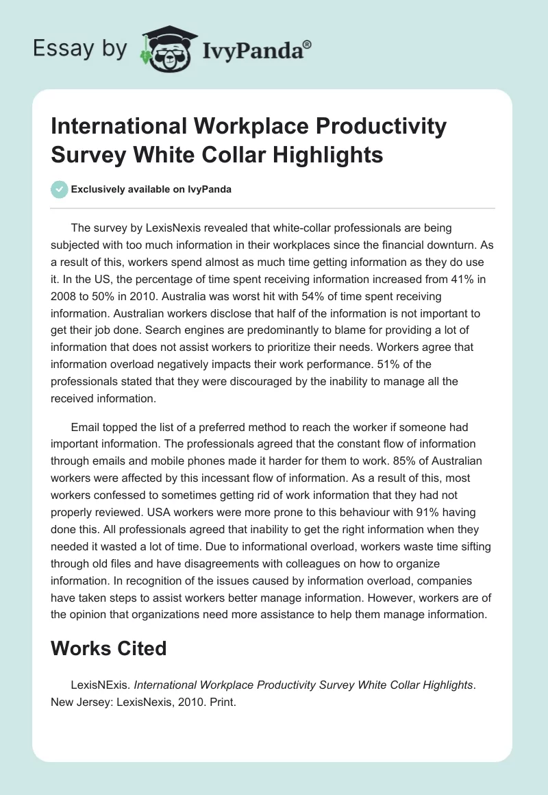 International Workplace Productivity Survey White Collar Highlights. Page 1