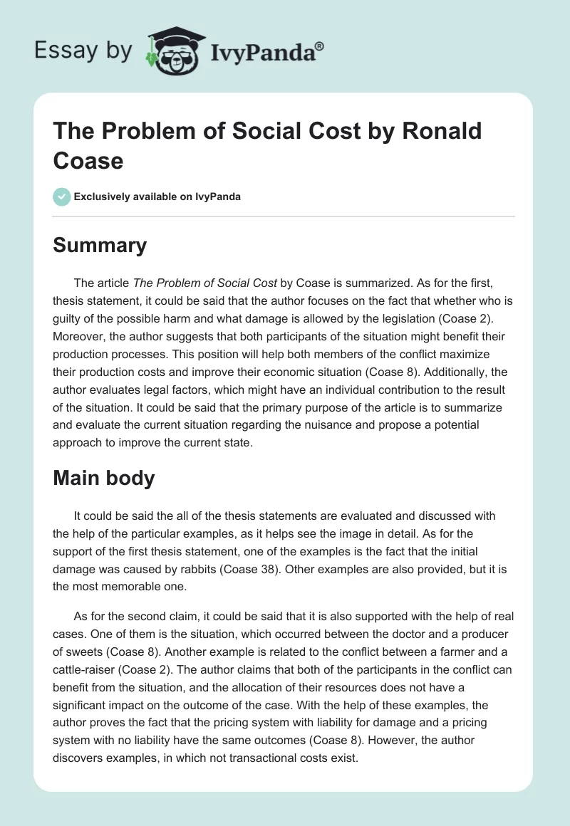 "The Problem of Social Cost" by Ronald Coase. Page 1
