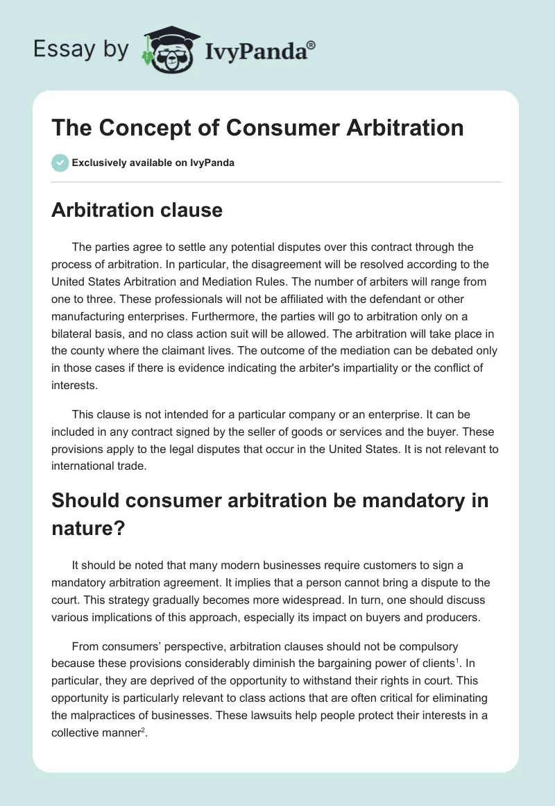 The Concept of Consumer Arbitration. Page 1