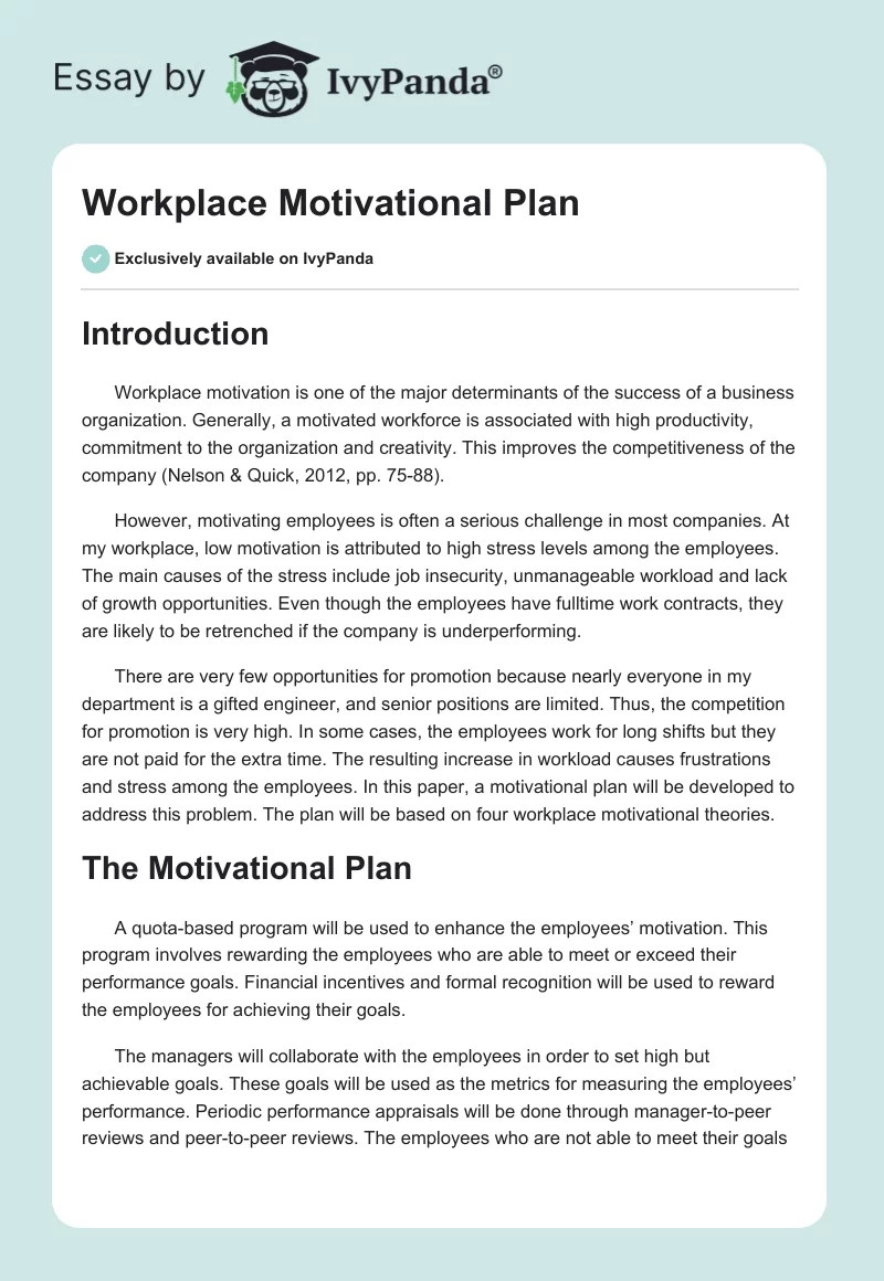 Workplace Motivational Plan. Page 1