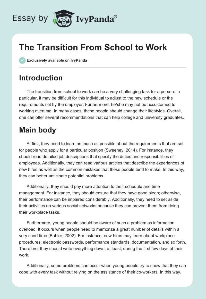 The Transition From School to Work. Page 1