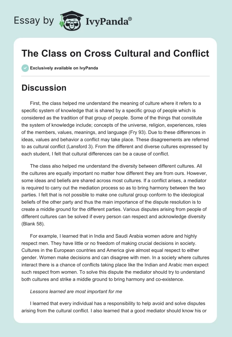 The Class on Cross Cultural and Conflict. Page 1