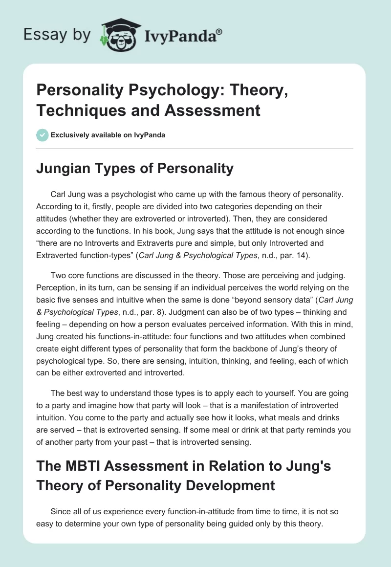Personality Psychology: Theory, Techniques and Assessment. Page 1