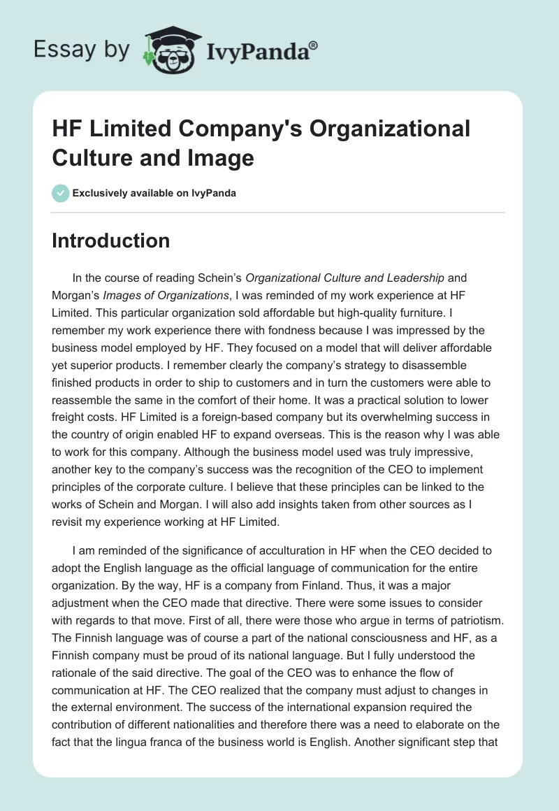 HF Limited Company's Organizational Culture and Image. Page 1