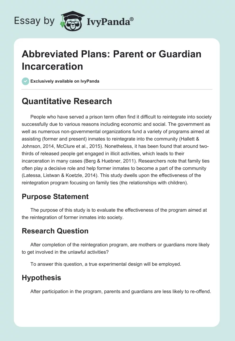 Abbreviated Plans: Parent or Guardian Incarceration. Page 1