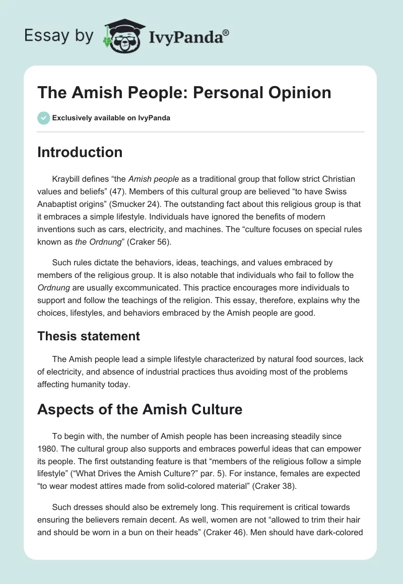 The Amish People: Personal Opinion. Page 1