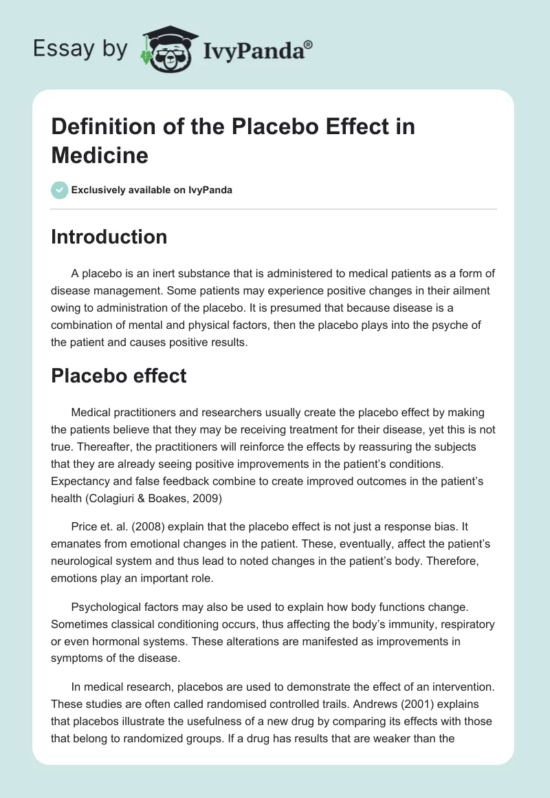 Definition of the Placebo Effect in Medicine. Page 1
