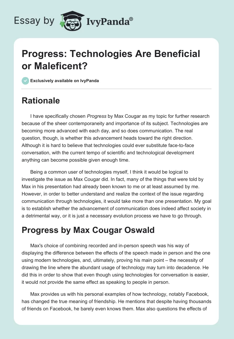 Progress: Technologies Are Beneficial or Maleficent?. Page 1