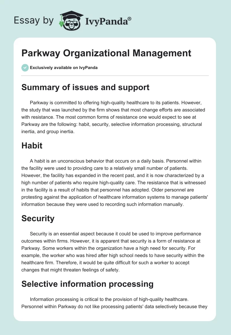Parkway Organizational Management. Page 1