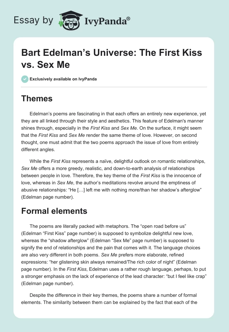 Bart Edelman’s Universe: "The First Kiss" vs. "Sex Me". Page 1