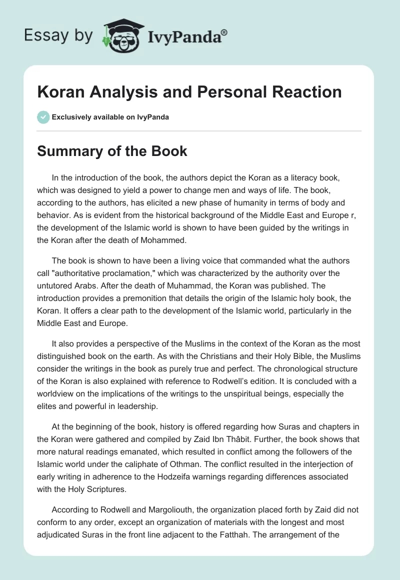 Koran Analysis and Personal Reaction. Page 1