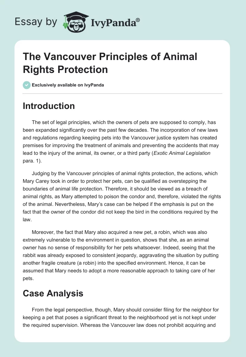 The Vancouver Principles of Animal Rights Protection. Page 1