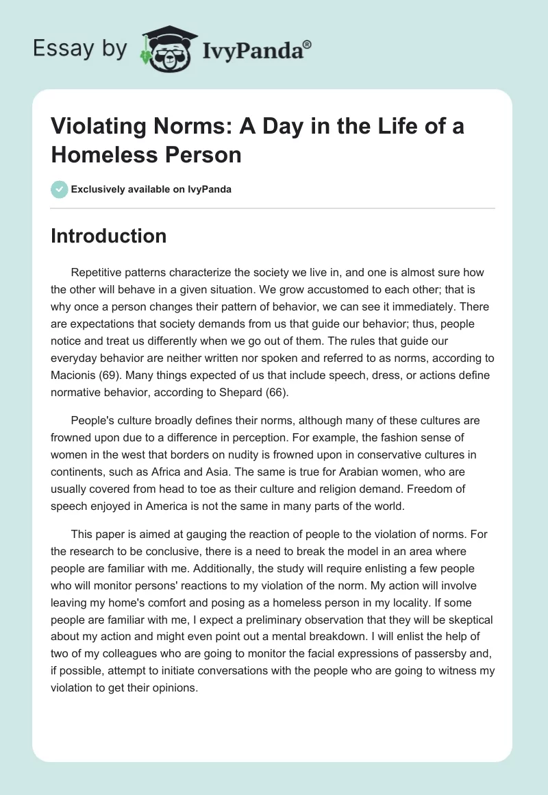 Violating Norms: A Day in the Life of a Homeless Person. Page 1