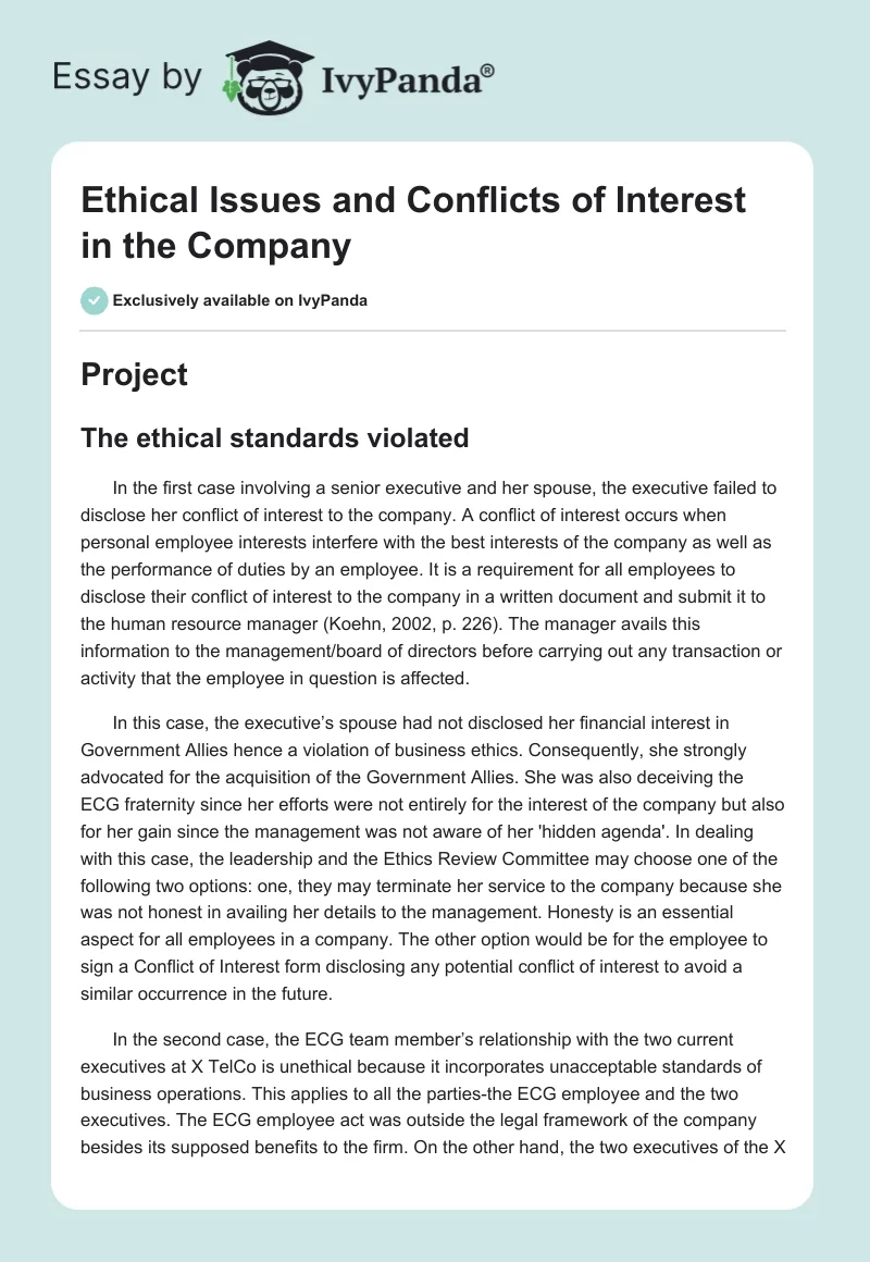 Ethical Issues and Conflicts of Interest in the Company. Page 1