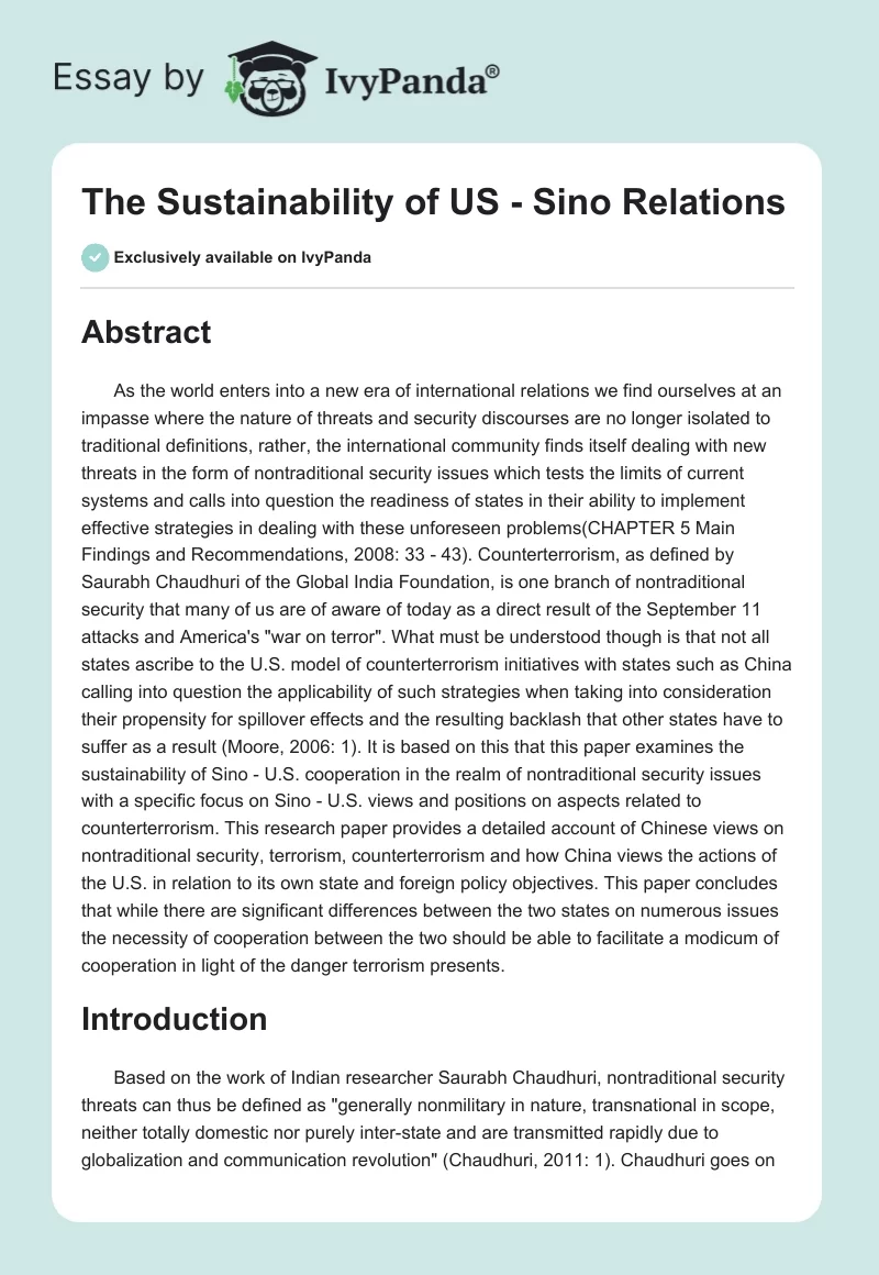 The Sustainability of US - Sino Relations. Page 1
