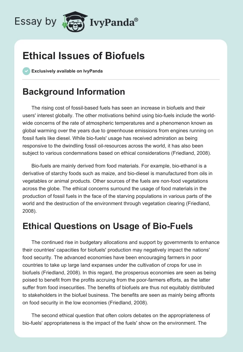Ethical Issues of Biofuels. Page 1