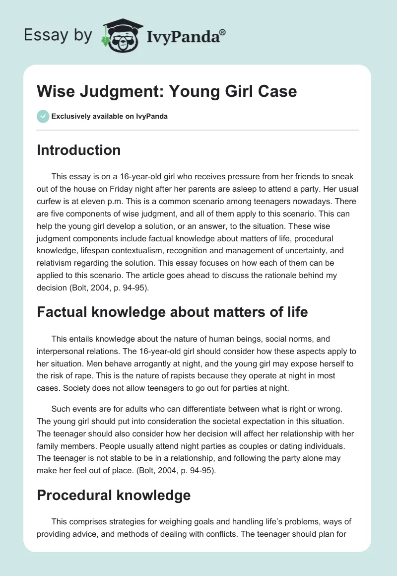 Wise Judgment: Young Girl Case. Page 1
