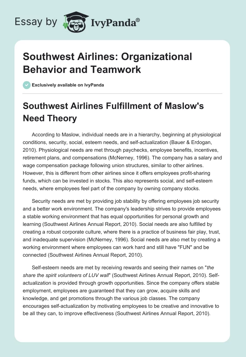 Southwest Airlines: Organizational Behavior and Teamwork. Page 1