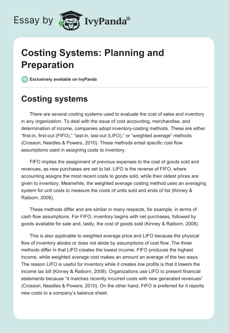 Costing Systems: Planning and Preparation. Page 1