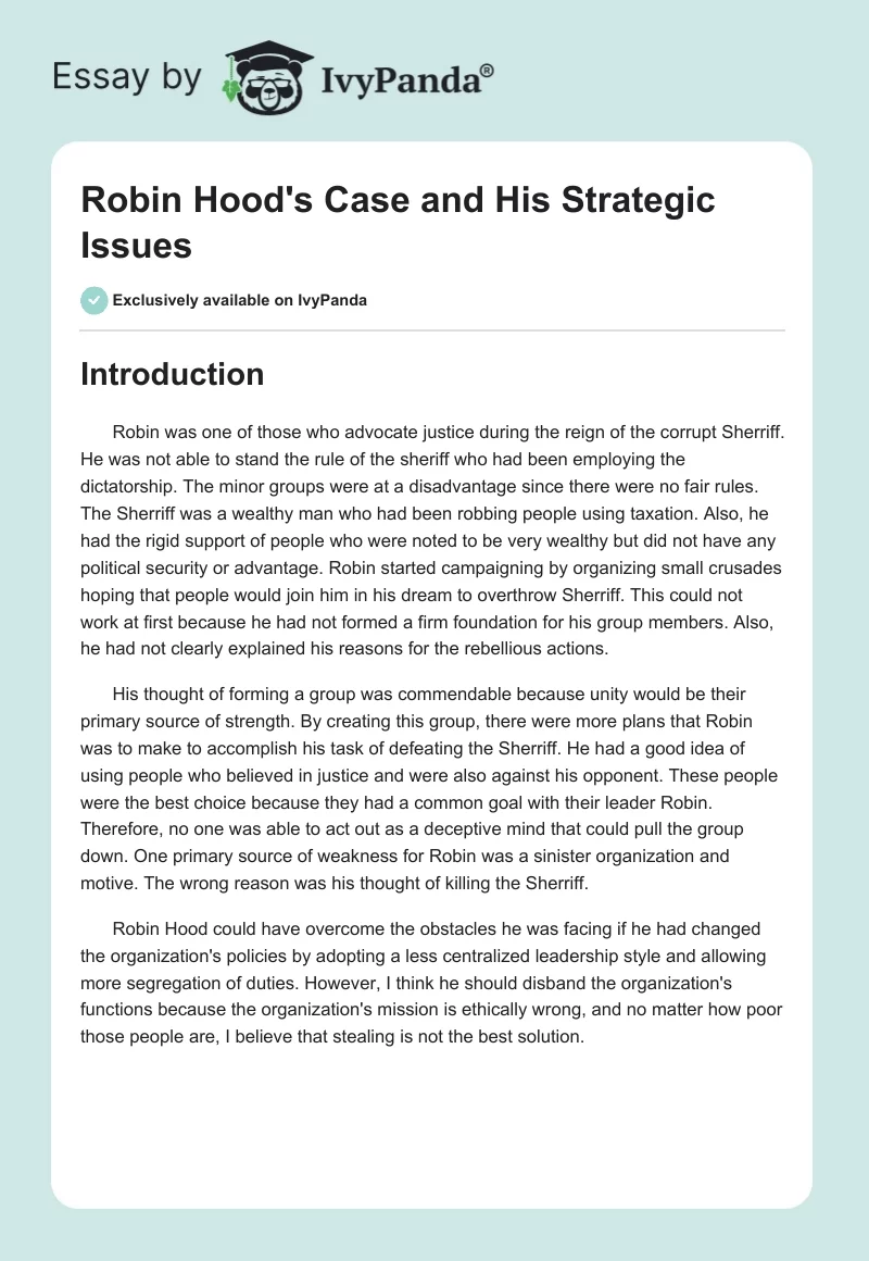 Robin Hood's Case and His Strategic Issues. Page 1