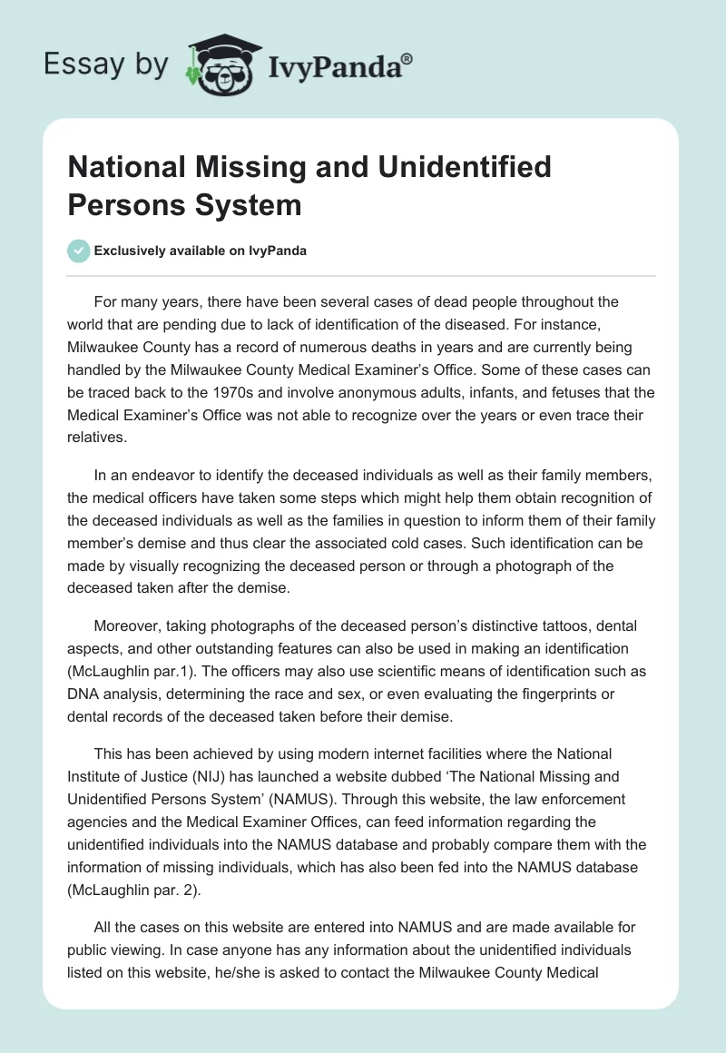 National Missing and Unidentified Persons System. Page 1