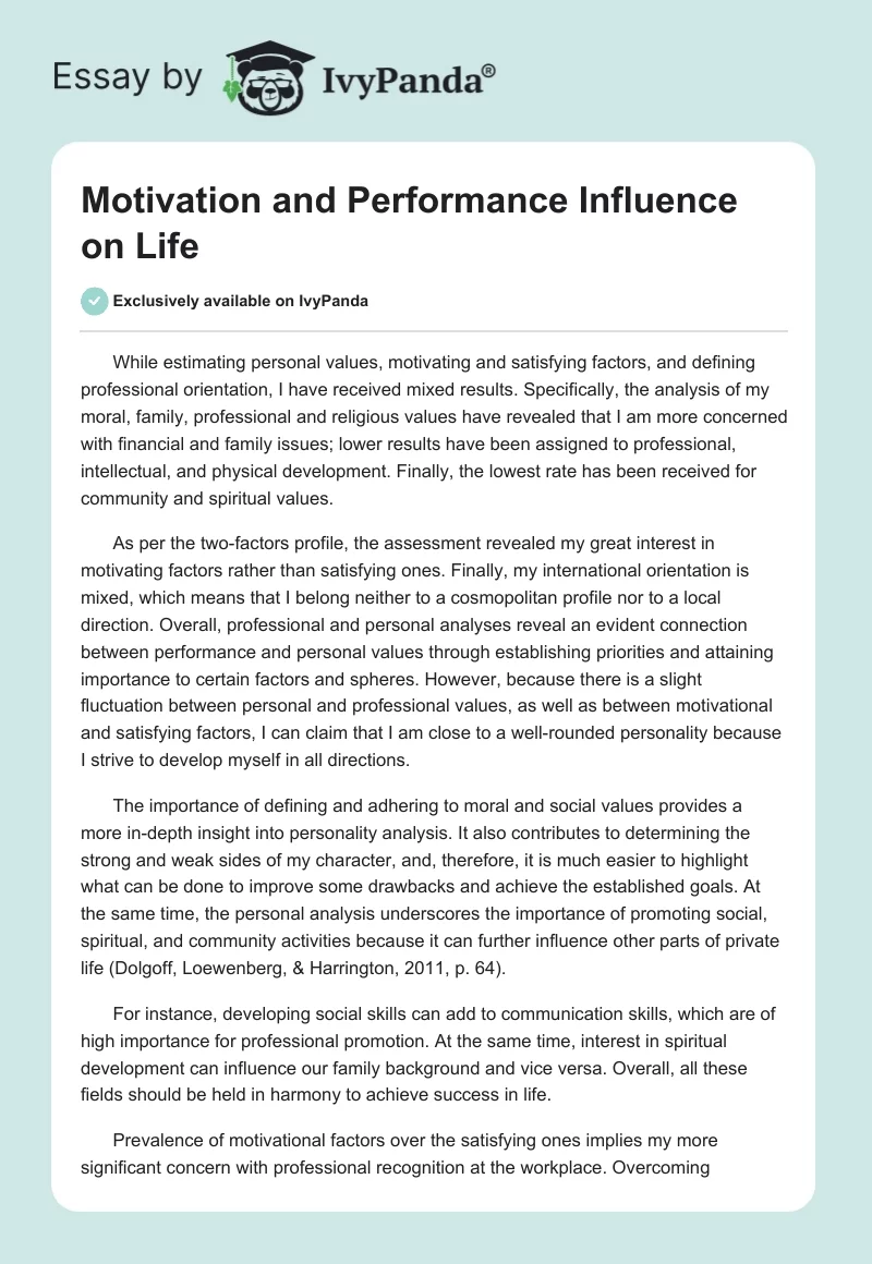 Motivation and Performance Influence on Life. Page 1