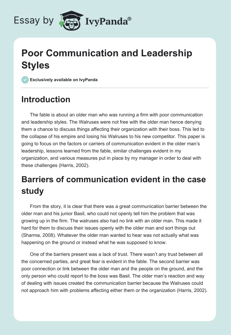 Poor Communication and Leadership Styles. Page 1
