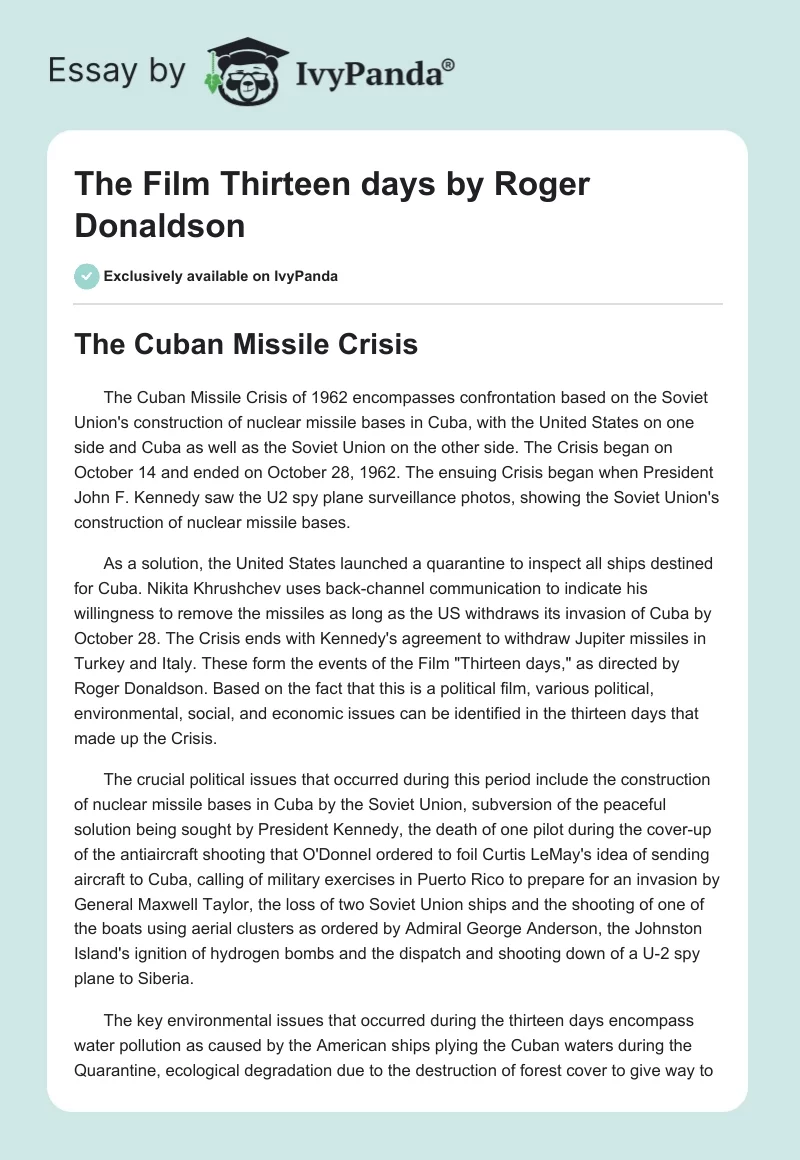 The Film "Thirteen days" by Roger Donaldson. Page 1