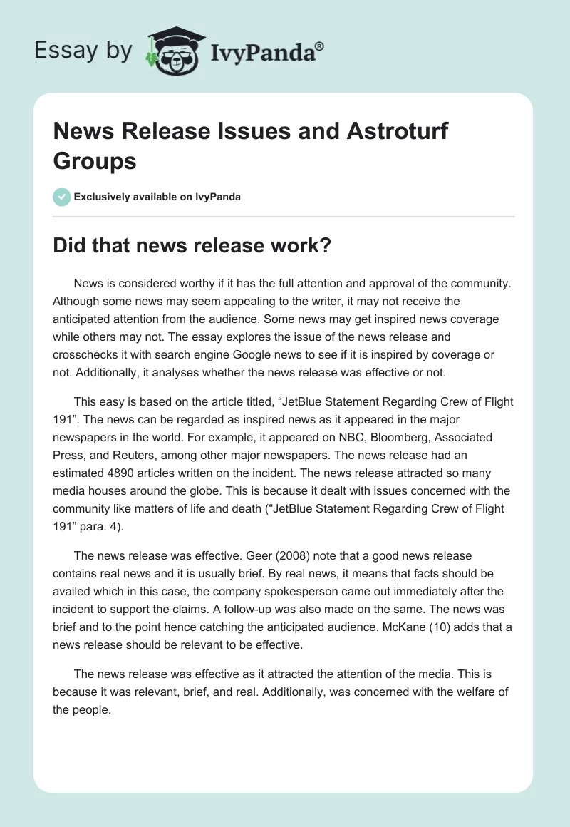 News Release Issues and Astroturf Groups. Page 1