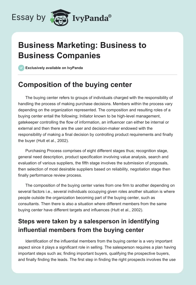 Business Marketing: Business to Business Companies. Page 1