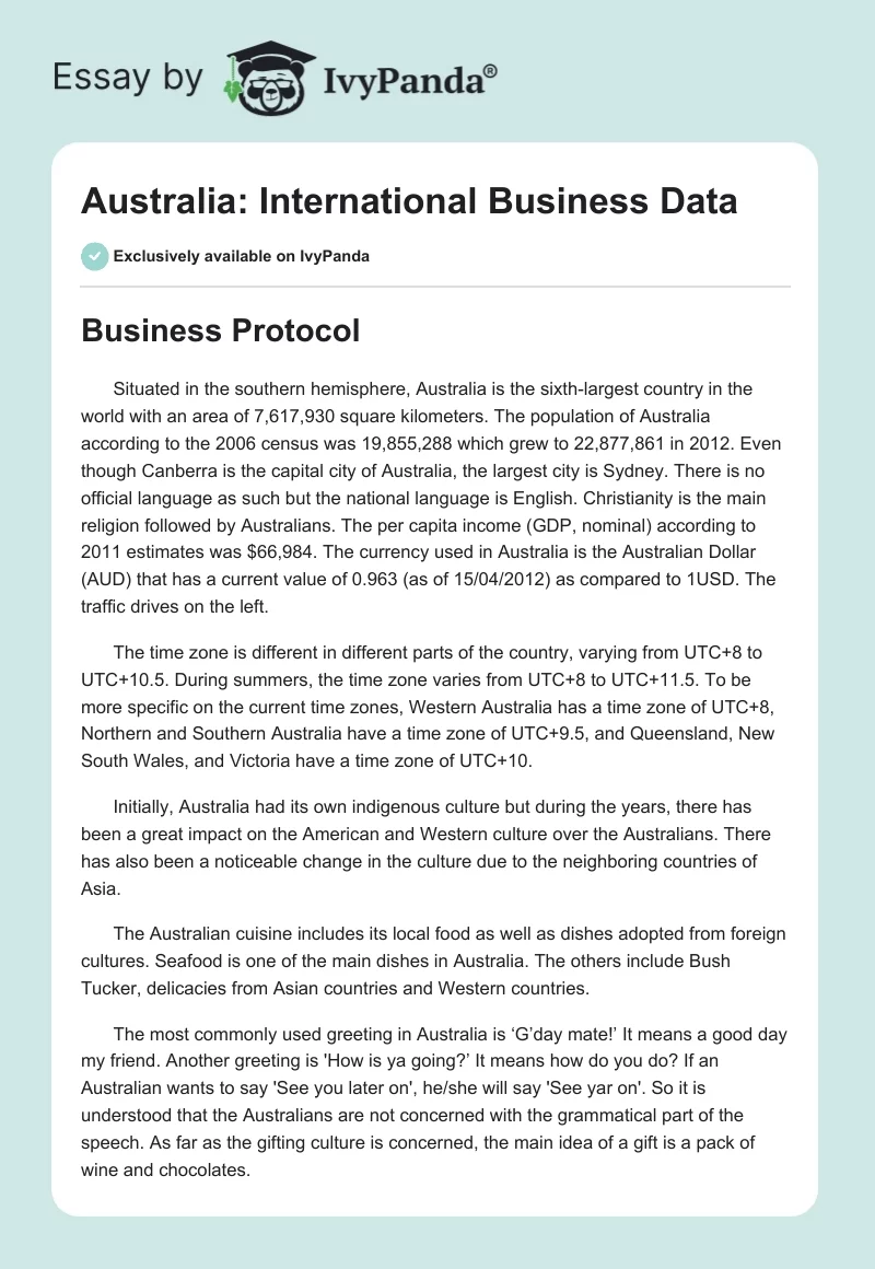 Australia: International Business Data. Page 1