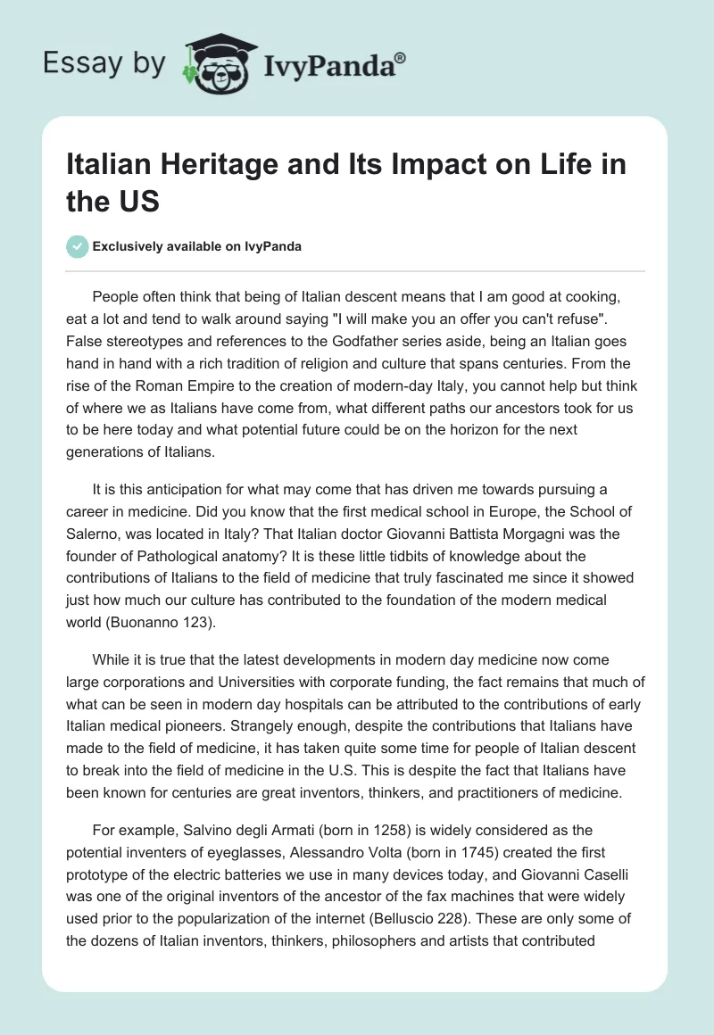 Italian Heritage and Its Impact on Life in the US. Page 1