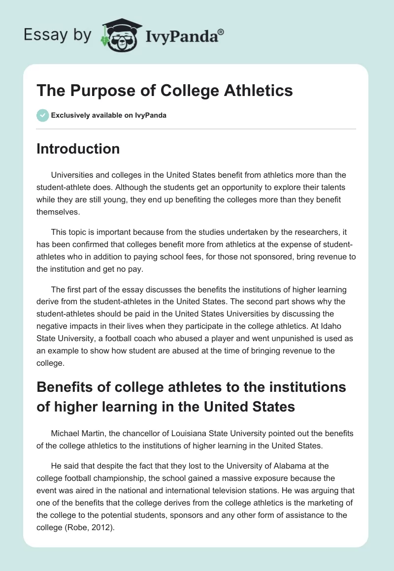 The Purpose of College Athletics. Page 1