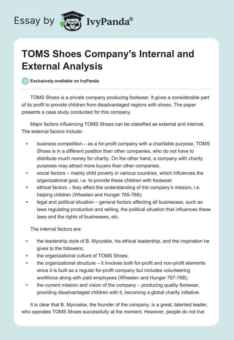 TOMS Shoes Company's Internal and External Analysis. Page 1