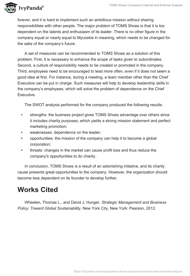 TOMS Shoes Company's Internal and External Analysis. Page 2