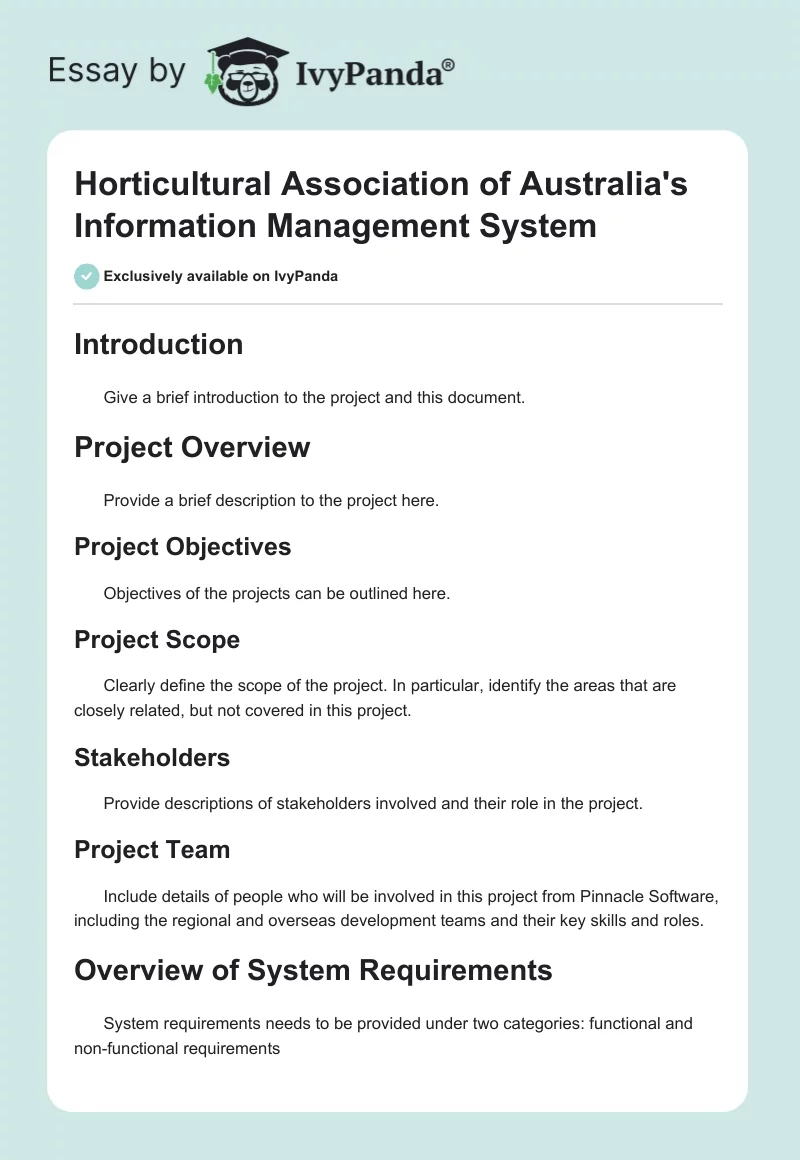 Horticultural Association of Australia's Information Management System. Page 1