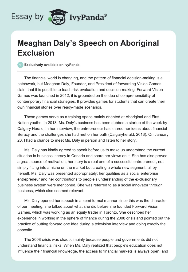 Meaghan Daly’s Speech on Aboriginal Exclusion. Page 1