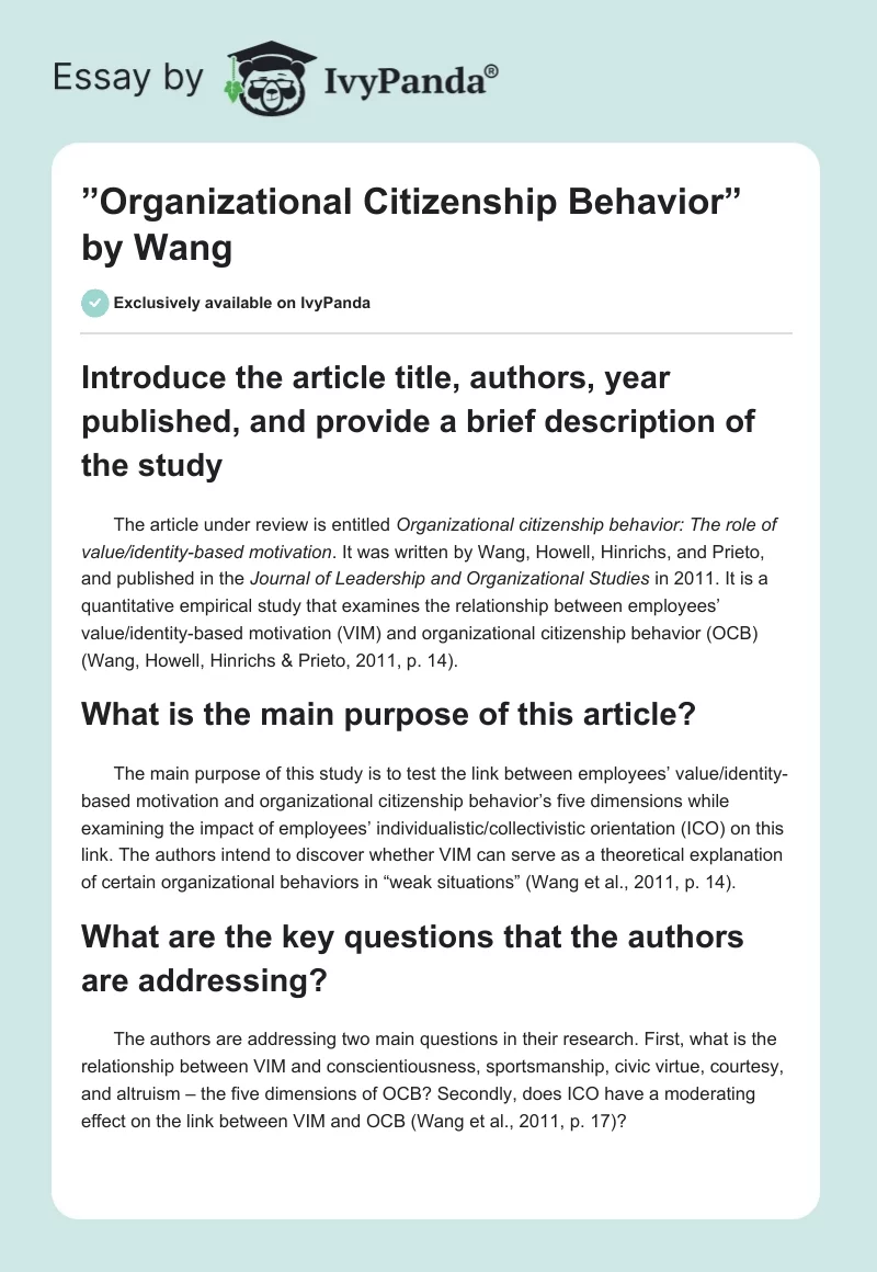 ”Organizational Citizenship Behavior” by Wang. Page 1