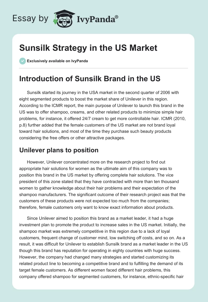 Sunsilk Strategy in the US Market. Page 1