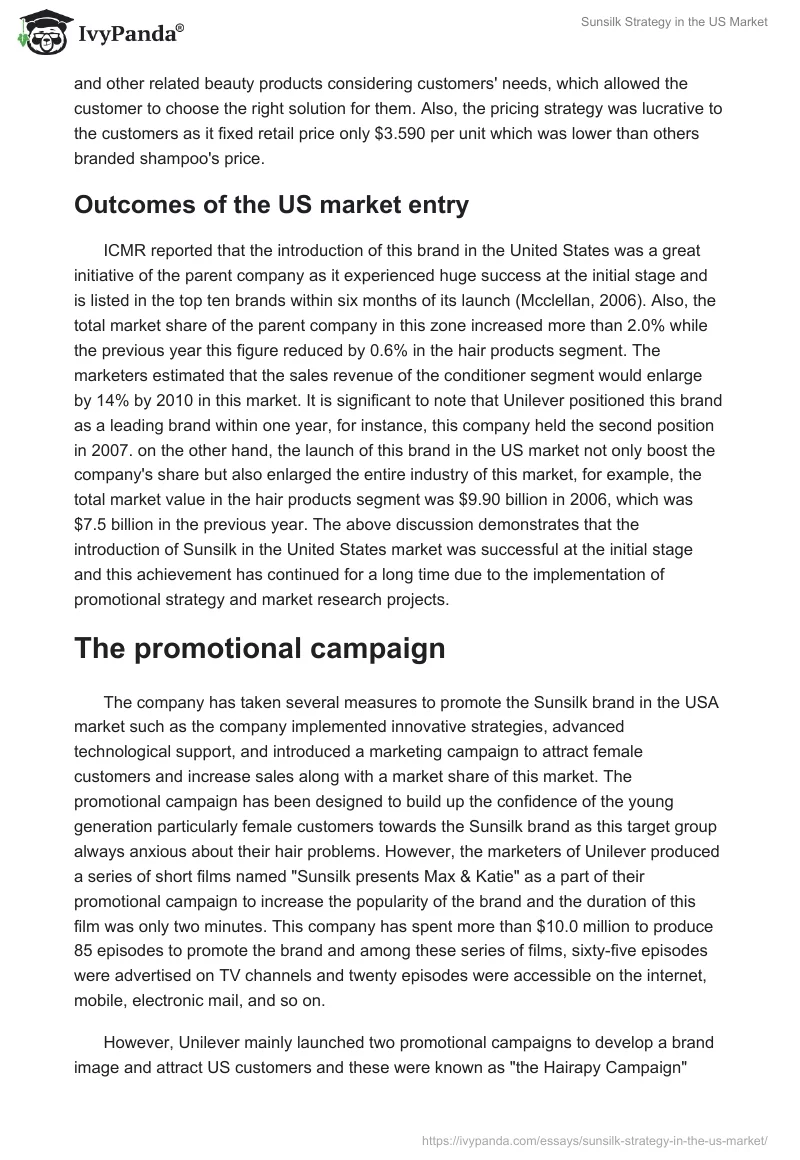 Sunsilk Strategy in the US Market. Page 2