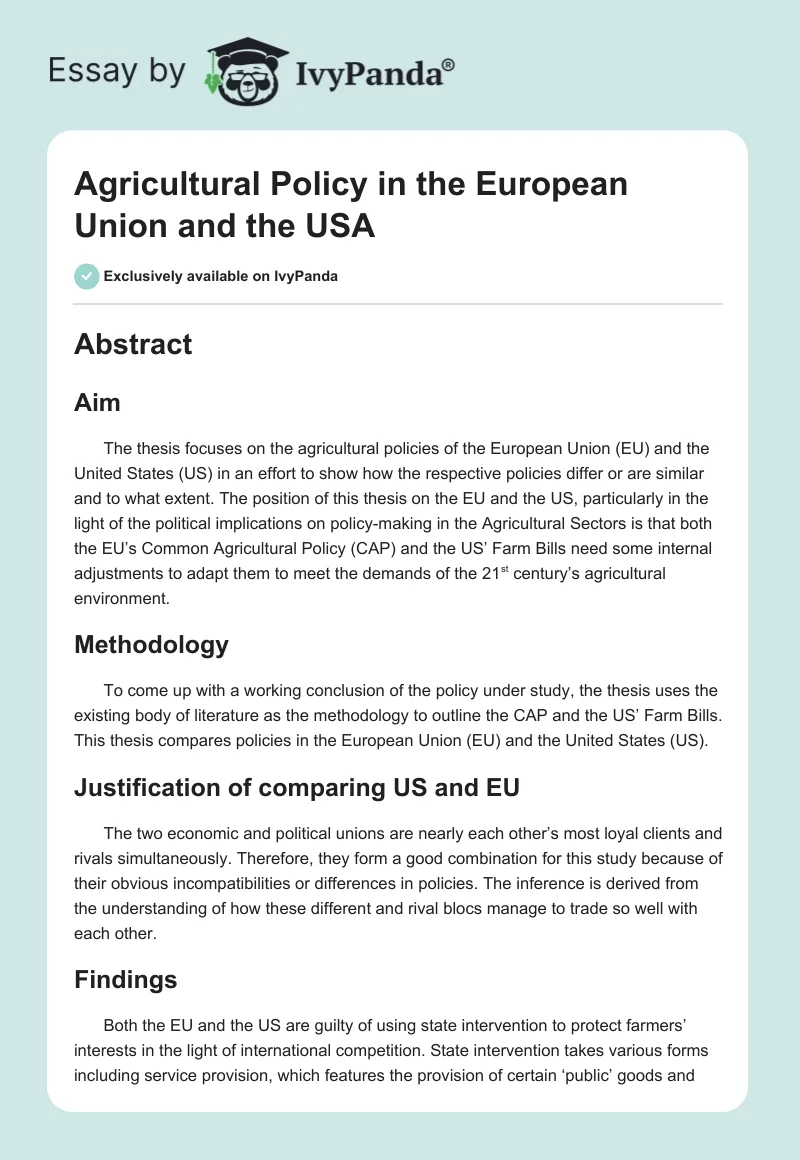Agricultural Policy in the European Union and the USA. Page 1
