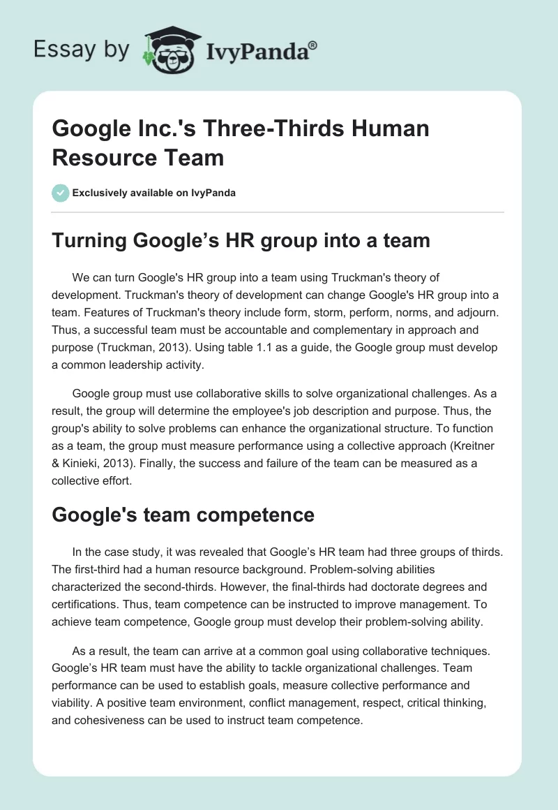 Google Inc.'s "Three-Thirds" Human Resource Team. Page 1