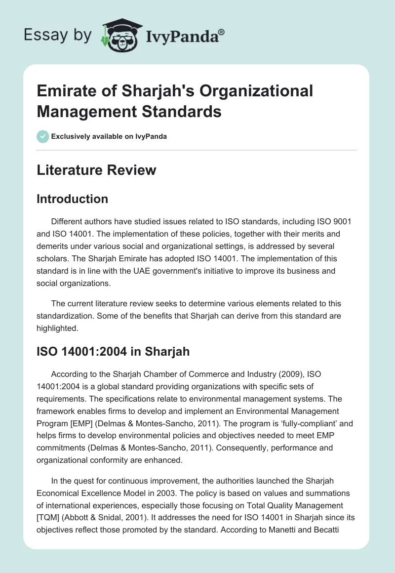 Emirate of Sharjah's Organizational Management Standards. Page 1