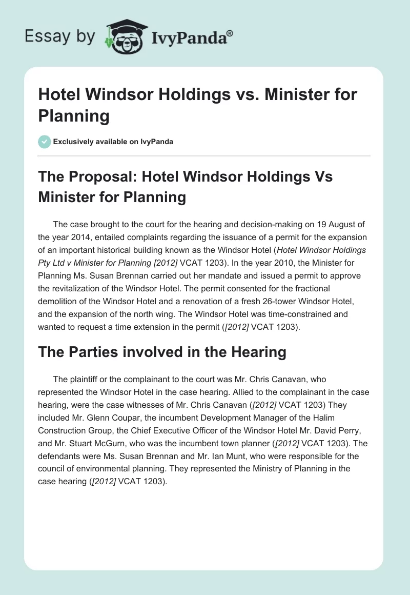 Hotel Windsor Holdings vs. Minister for Planning. Page 1