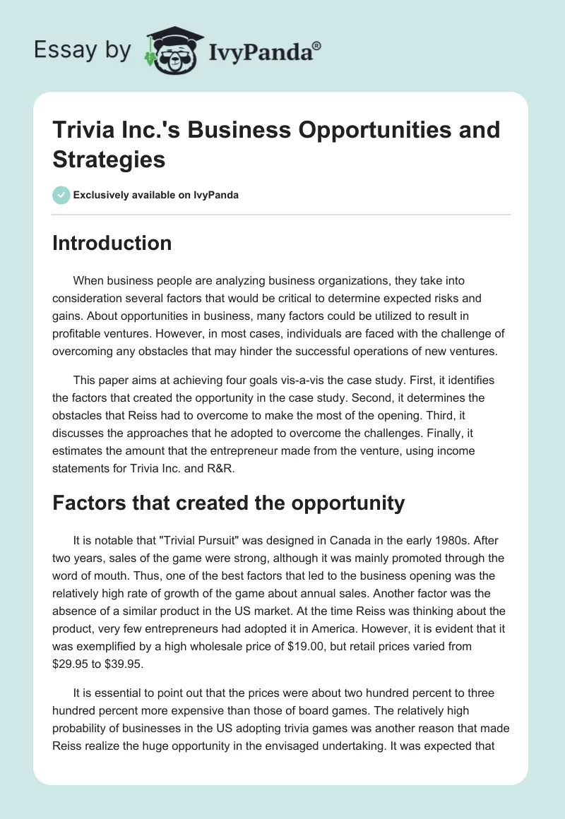 Trivia Inc.'s Business Opportunities and Strategies. Page 1