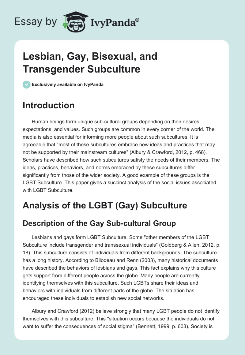 Lesbian, Gay, Bisexual, and Transgender Subculture. Page 1