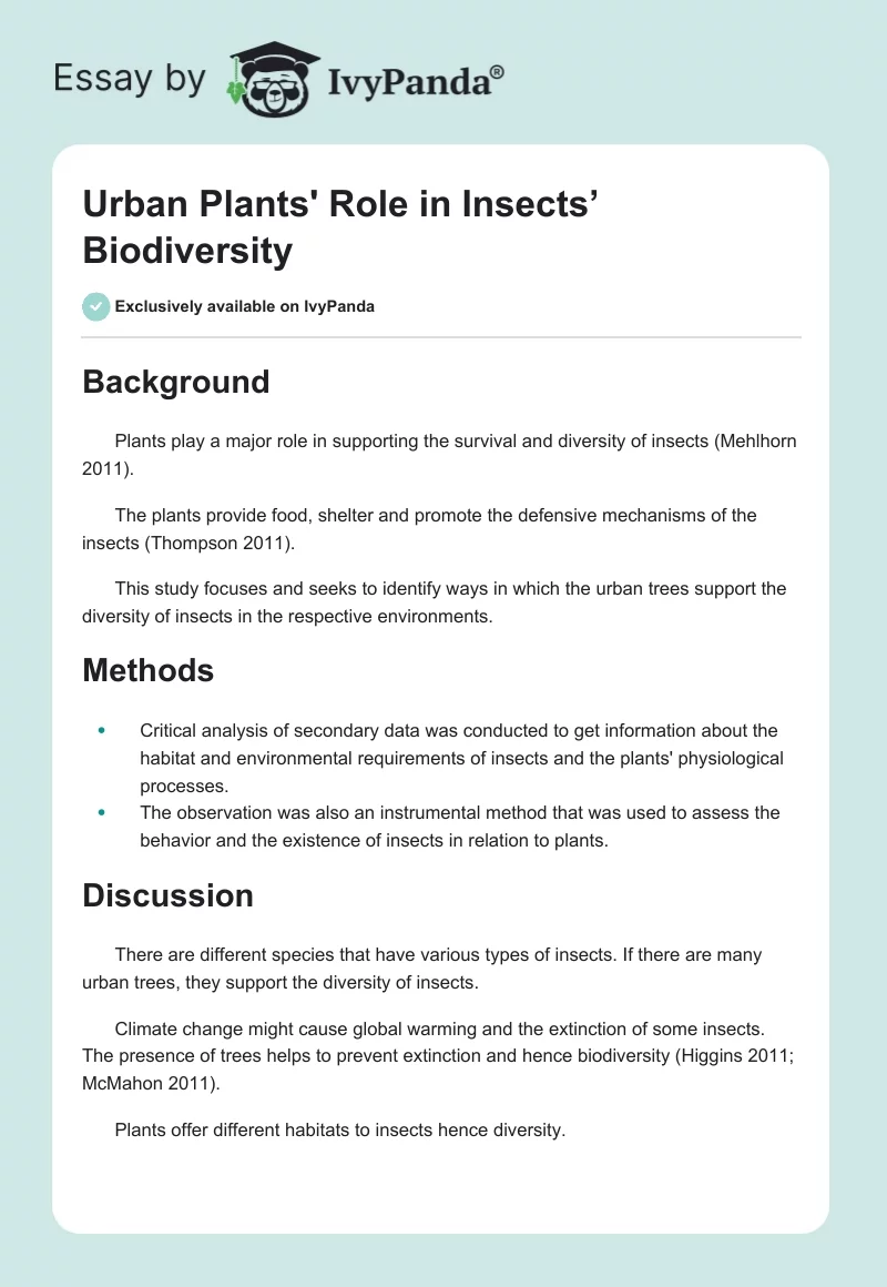 Urban Plants' Role in Insects’ Biodiversity. Page 1