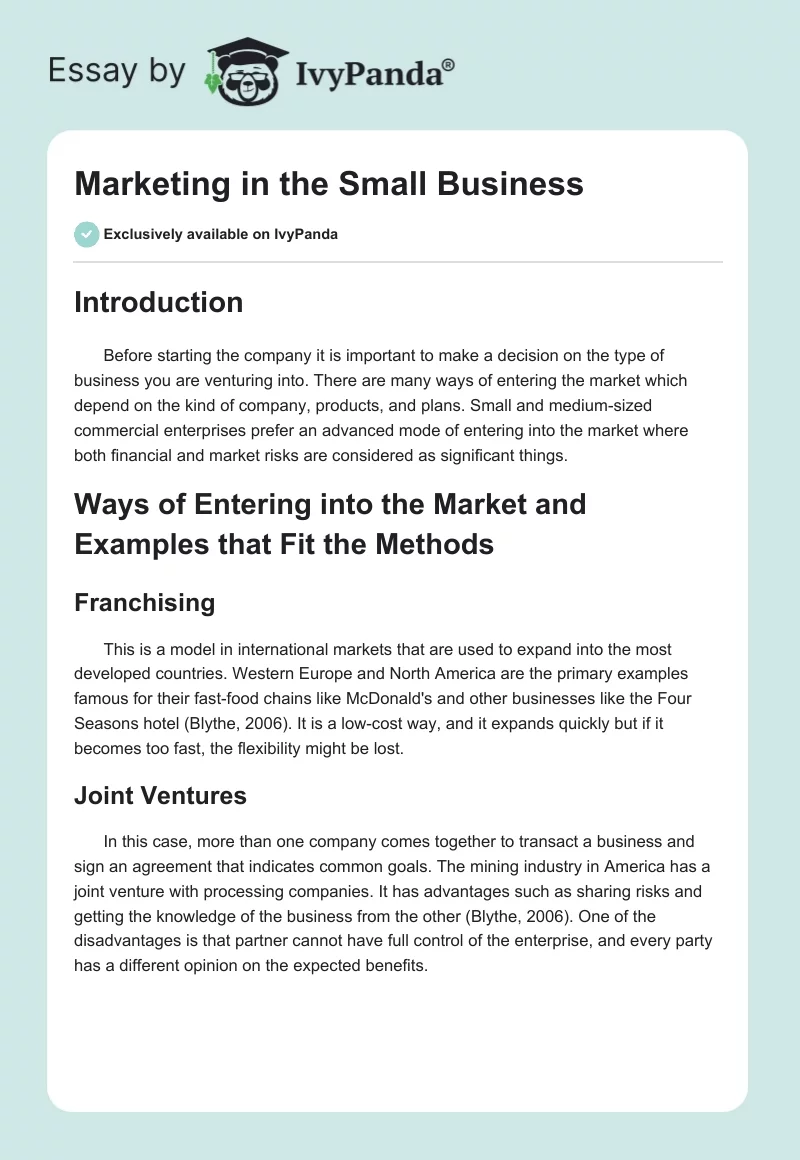 Marketing in the Small Business. Page 1