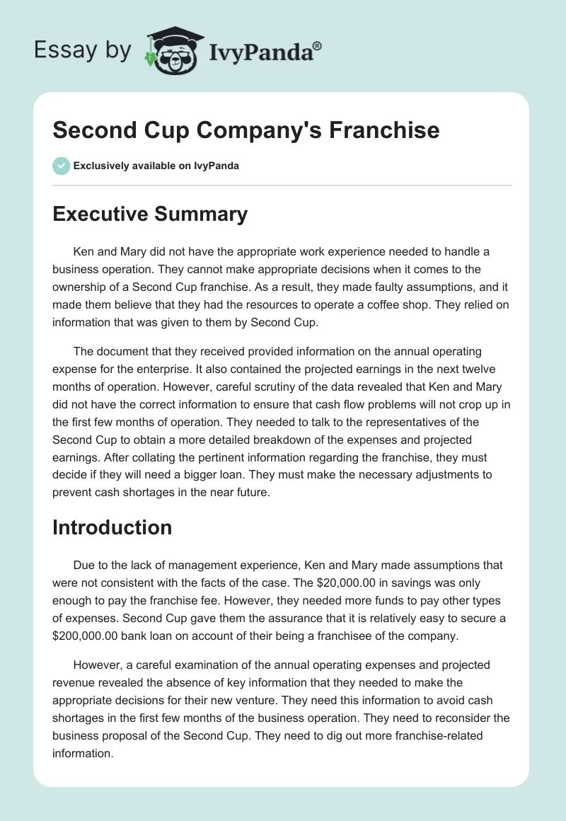 Second Cup Company's Franchise. Page 1