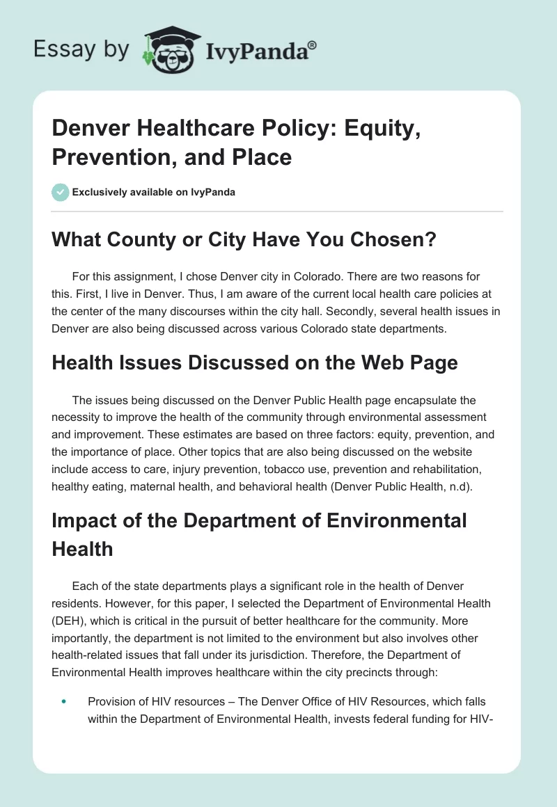 Denver Healthcare Policy: Equity, Prevention, and Place. Page 1